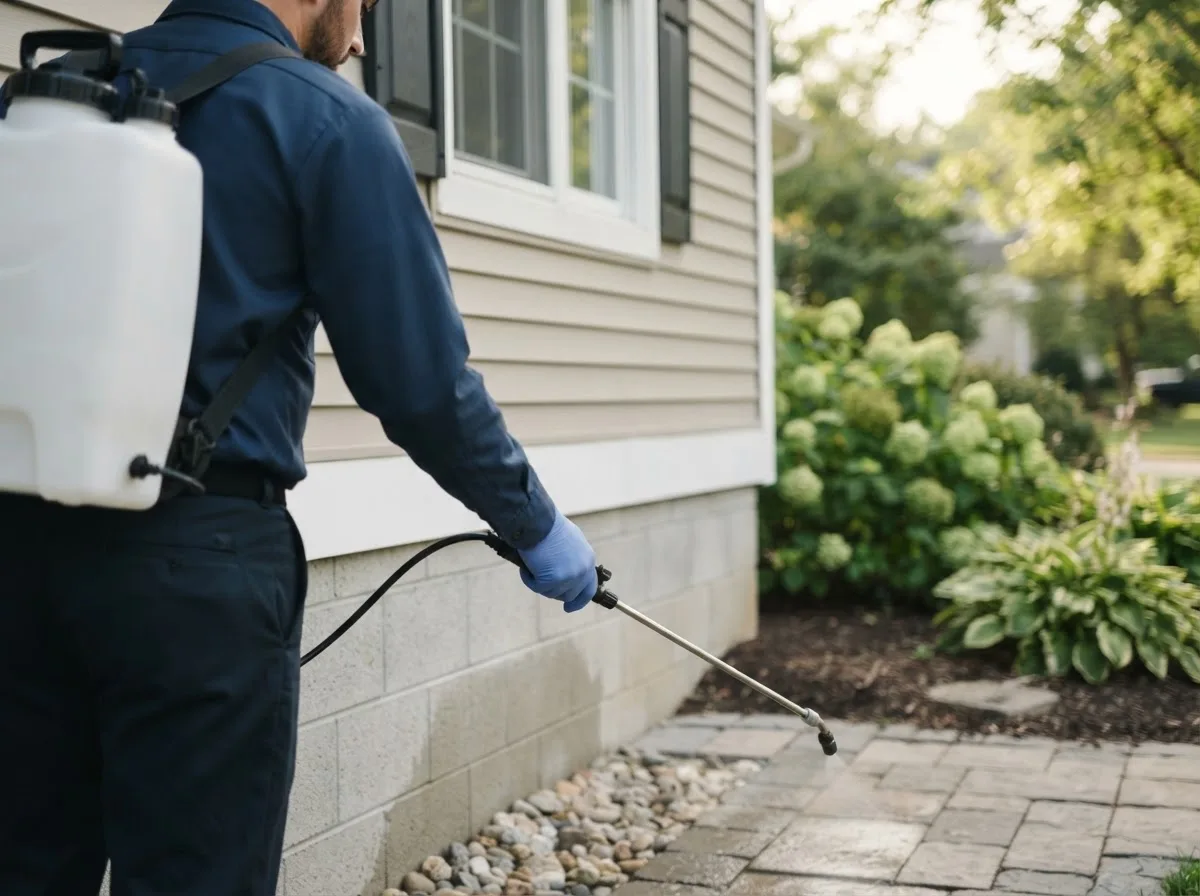 Pest control technician inspecting a home in Petersburg, IL